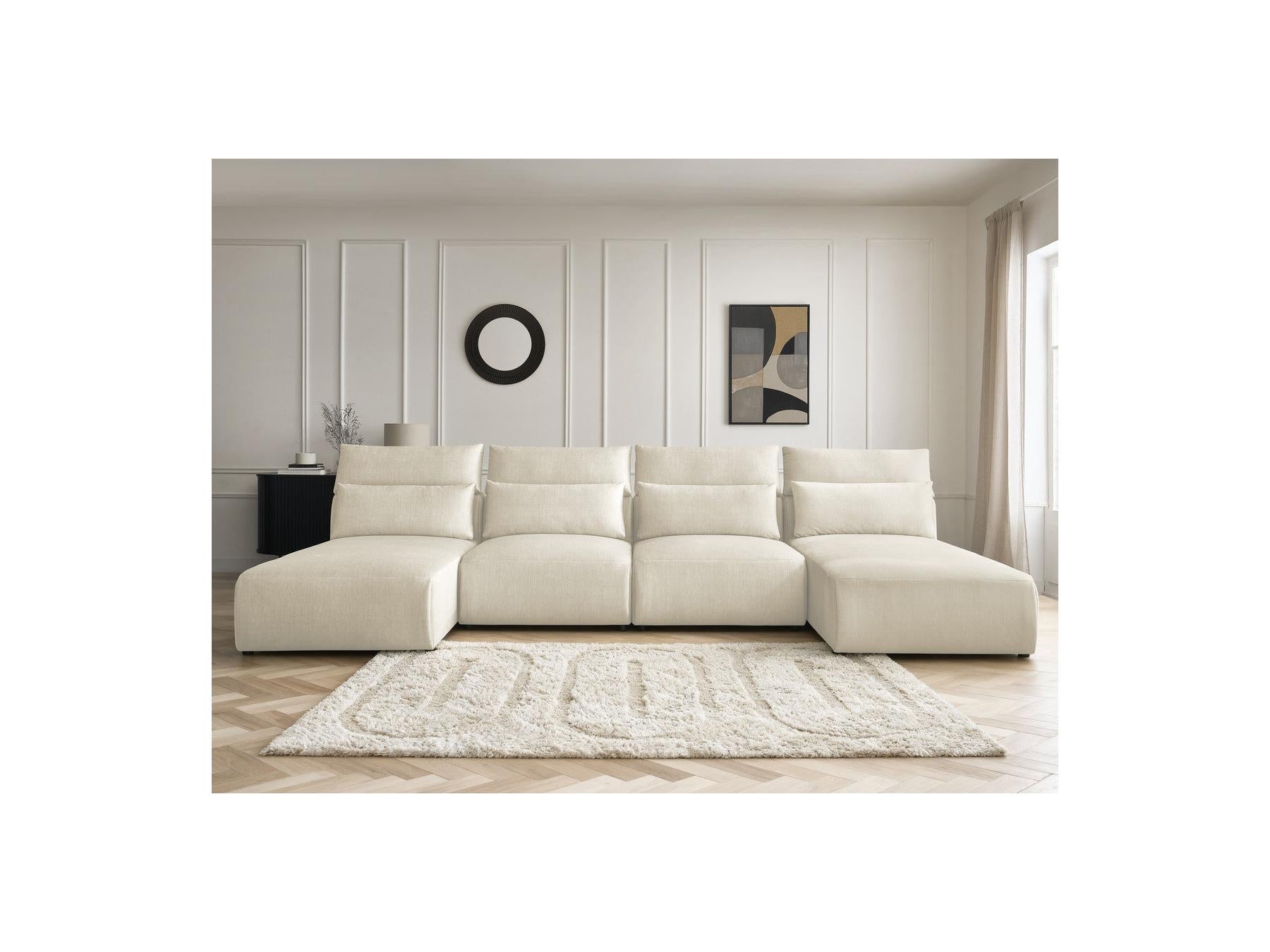 Jana - Fixed Modular Panoramic Sofa with Headrests - Velvet Fabric with 2 Chaise Longues and 2 Armless Chairs