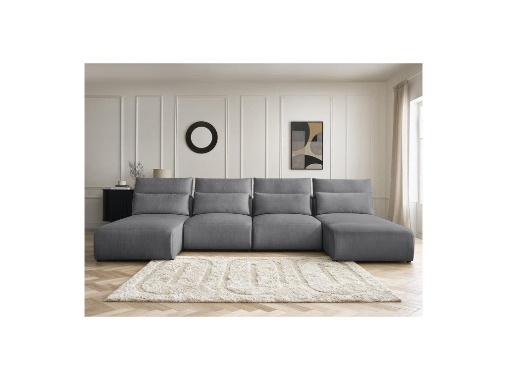Jana - Fixed Modular Panoramic Sofa with Headrests - Velvet Fabric with 2 Chaise Longues and 2 Armless Chairs