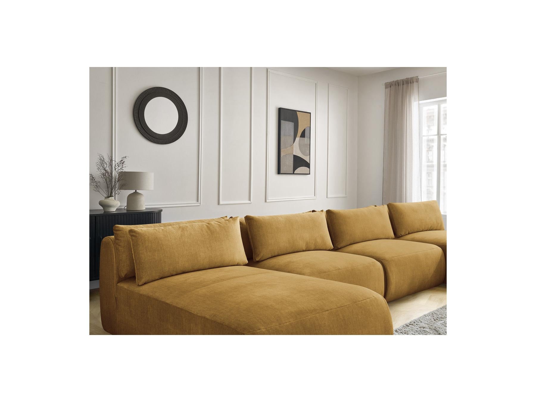Jana - Fixed Modular Panoramic Sofa with Headrests - Velvet Fabric with 2 Chaise Longues and 2 Armless Chairs