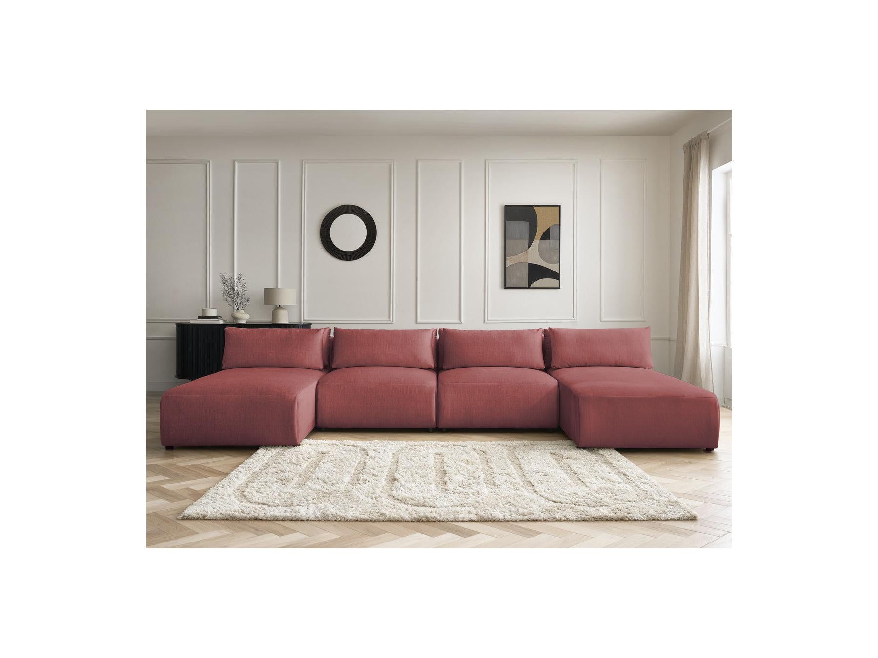 Jana - Fixed Modular Panoramic Sofa with Headrests - Velvet Fabric with 2 Chaise Longues and 2 Armless Chairs