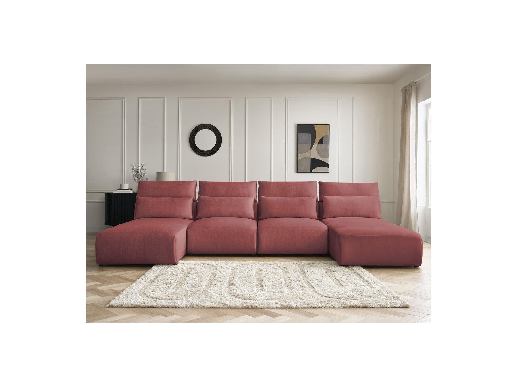 Jana - Fixed Modular Panoramic Sofa with Headrests - Velvet Fabric with 2 Chaise Longues and 2 Armless Chairs