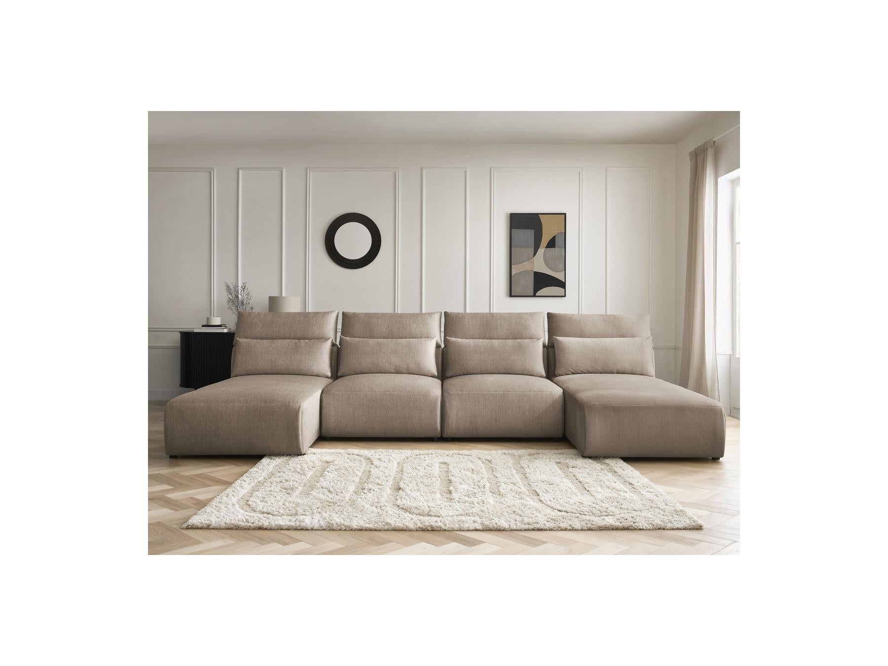 Jana - Fixed Modular Panoramic Sofa with Headrests - Velvet Fabric with 2 Chaise Longues and 2 Armless Chairs