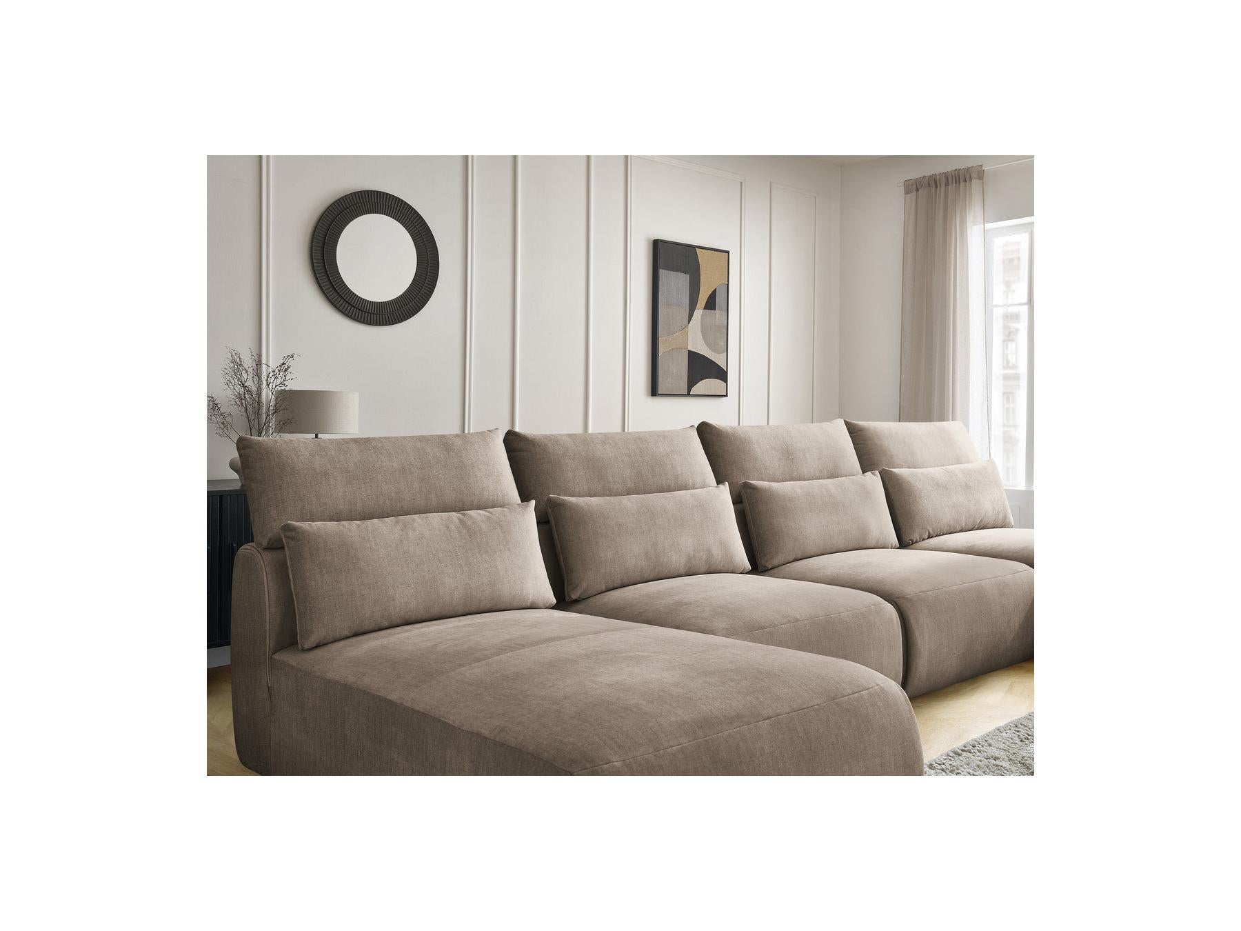 Jana - Fixed Modular Panoramic Sofa with Headrests - Velvet Fabric with 2 Chaise Longues and 2 Armless Chairs