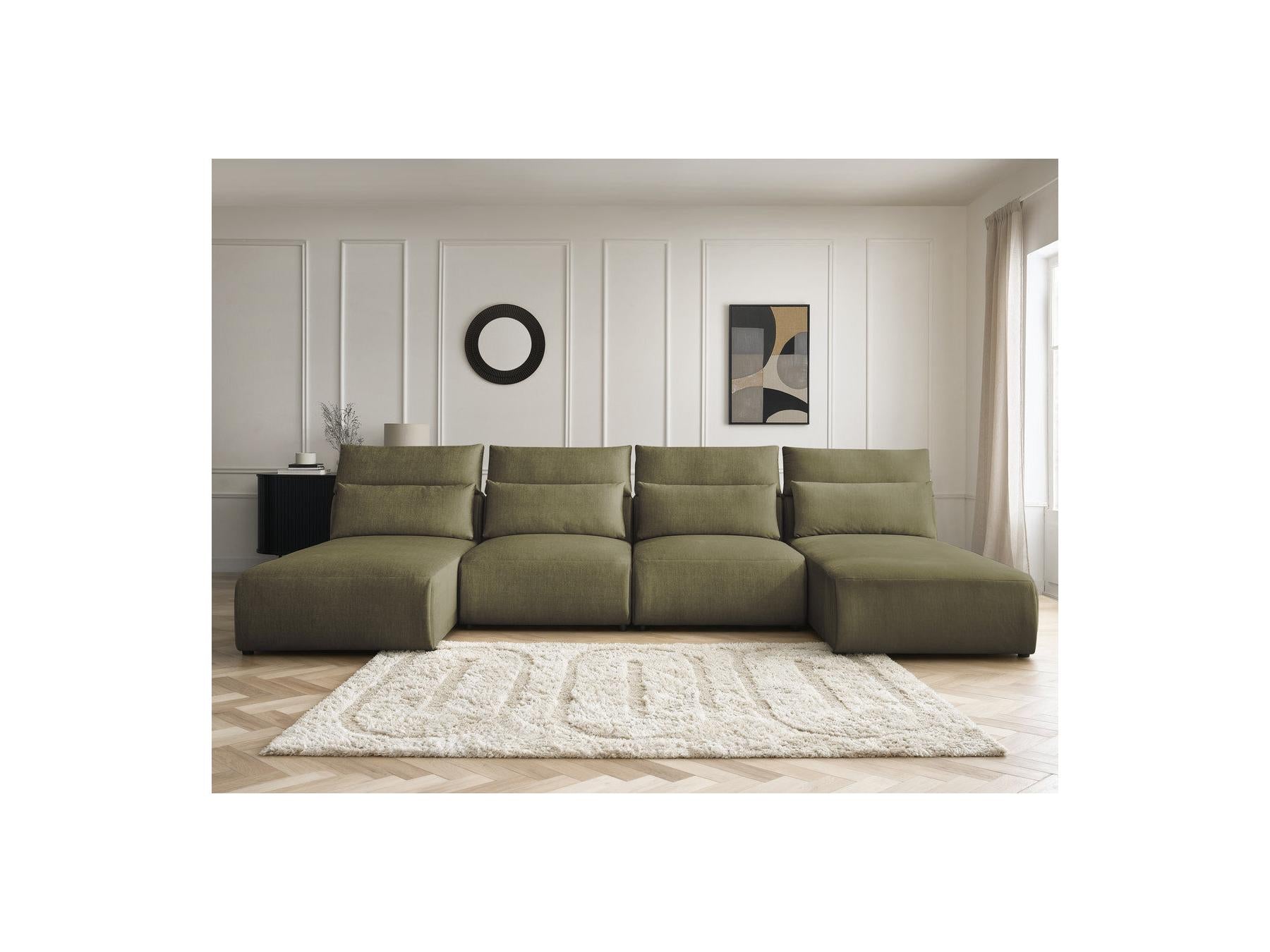 Jana - Fixed Modular Panoramic Sofa with Headrests - Velvet Fabric with 2 Chaise Longues and 2 Armless Chairs