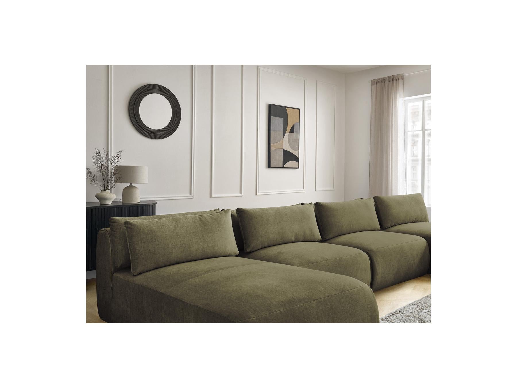 Jana - Fixed Modular Panoramic Sofa with Headrests - Velvet Fabric with 2 Chaise Longues and 2 Armless Chairs