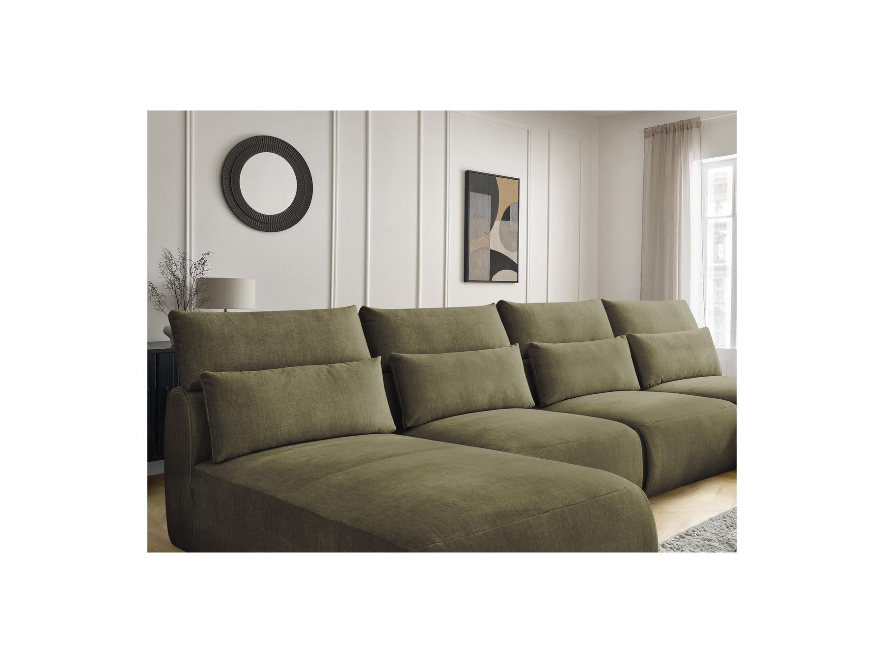 Jana - Fixed Modular Panoramic Sofa with Headrests - Velvet Fabric with 2 Chaise Longues and 2 Armless Chairs
