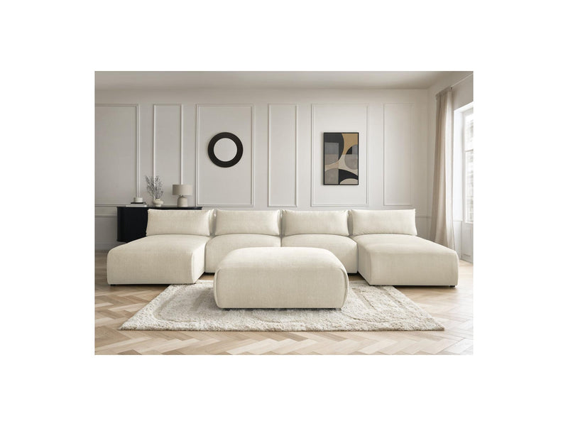 Jana - Sofá Modular Fijo Panorámico Con Reposacabezas - Tejido De Terciopelo Con 2 Diván, 2 Sillones Y 1 Puf Grande