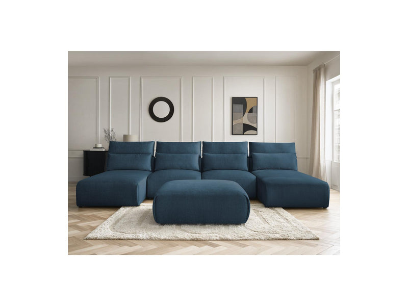 Jana - Sofá Modular Fijo Panorámico Con Reposacabezas - Tejido De Terciopelo Con 2 Diván, 2 Sillones Y 1 Puf Grande