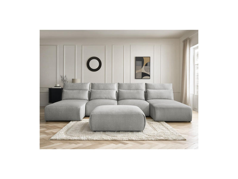 Jana - Sofá Modular Fijo Panorámico Con Reposacabezas - Tejido De Terciopelo Con 2 Diván, 2 Sillones Y 1 Puf Grande