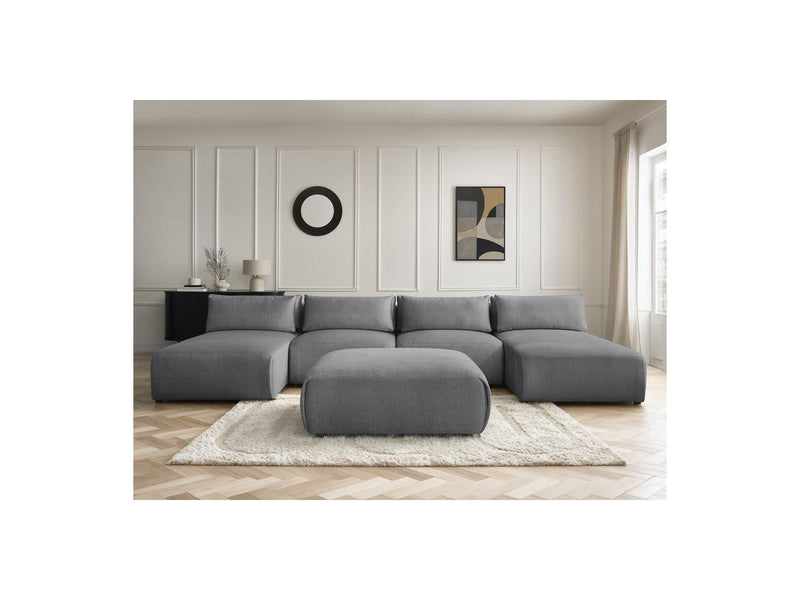 Jana - Sofá Modular Fijo Panorámico Con Reposacabezas - Tejido De Terciopelo Con 2 Diván, 2 Sillones Y 1 Puf Grande
