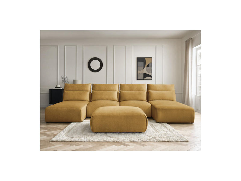 Jana - Sofá Modular Fijo Panorámico Con Reposacabezas - Tejido De Terciopelo Con 2 Diván, 2 Sillones Y 1 Puf Grande