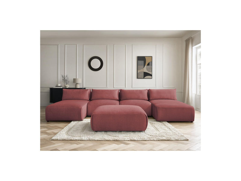 Jana - Sofá Modular Fijo Panorámico Con Reposacabezas - Tejido De Terciopelo Con 2 Diván, 2 Sillones Y 1 Puf Grande