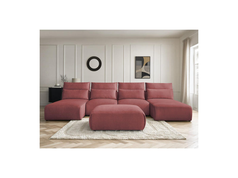 Jana - Sofá Modular Fijo Panorámico Con Reposacabezas - Tejido De Terciopelo Con 2 Diván, 2 Sillones Y 1 Puf Grande