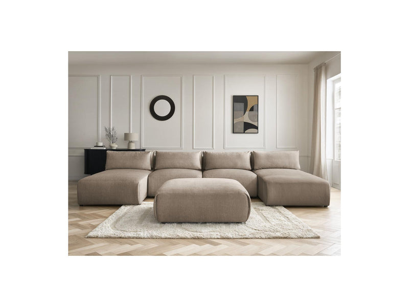 Jana - Sofá Modular Fijo Panorámico Con Reposacabezas - Tejido De Terciopelo Con 2 Diván, 2 Sillones Y 1 Puf Grande