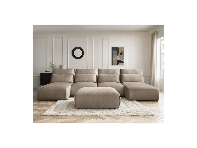 Jana - Sofá Modular Fijo Panorámico Con Reposacabezas - Tejido De Terciopelo Con 2 Diván, 2 Sillones Y 1 Puf Grande