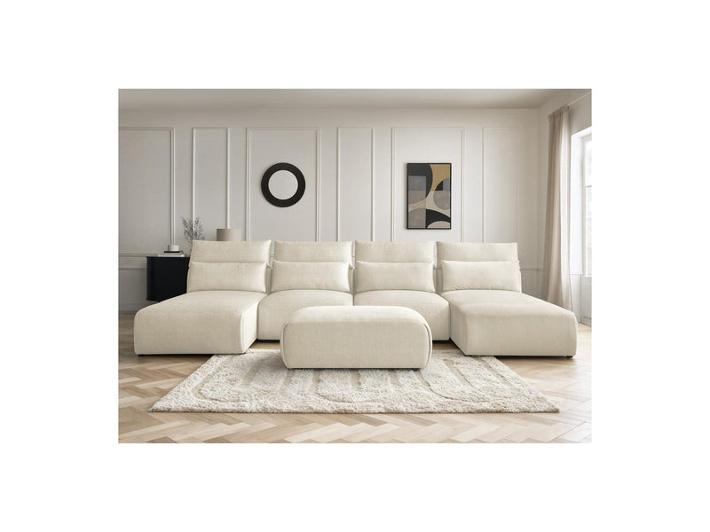 Jana - Canapé Panoramique Fixe Modulable Avec Têtières - Tissu Velours Avec 2 Méridiennes, 2 Chauffeuses Et 1 Petit Pouf
