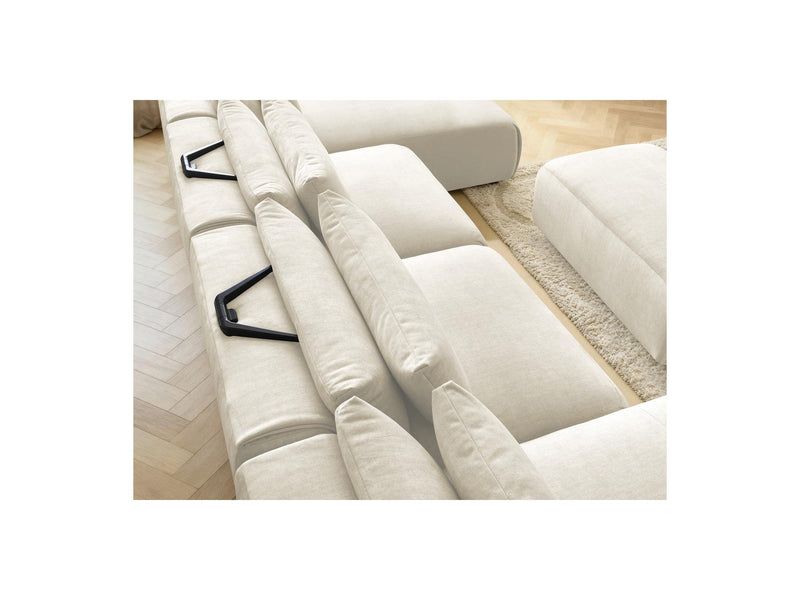 Jana - Canapé Panoramique Fixe Modulable Avec Têtières - Tissu Velours Avec 2 Méridiennes, 2 Chauffeuses Et 1 Petit Pouf
