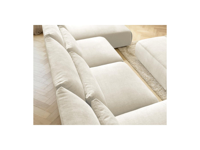 Jana - Canapé Panoramique Fixe Modulable Avec Têtières - Tissu Velours Avec 2 Méridiennes, 2 Chauffeuses Et 1 Petit Pouf