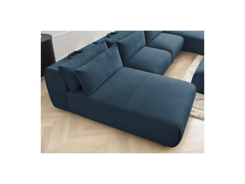 Jana - Canapé Panoramique Fixe Modulable Avec Têtières - Tissu Velours Avec 2 Méridiennes, 2 Chauffeuses Et 1 Petit Pouf