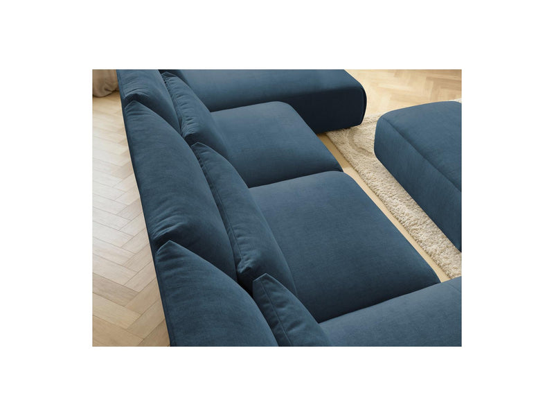 Jana - Canapé Panoramique Fixe Modulable Avec Têtières - Tissu Velours Avec 2 Méridiennes, 2 Chauffeuses Et 1 Petit Pouf