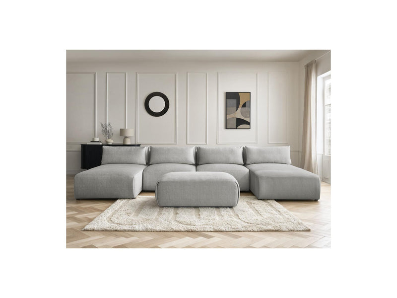 Jana - Canapé Panoramique Fixe Modulable Avec Têtières - Tissu Velours Avec 2 Méridiennes, 2 Chauffeuses Et 1 Petit Pouf