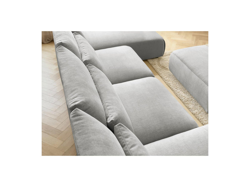 Jana - Canapé Panoramique Fixe Modulable Avec Têtières - Tissu Velours Avec 2 Méridiennes, 2 Chauffeuses Et 1 Petit Pouf