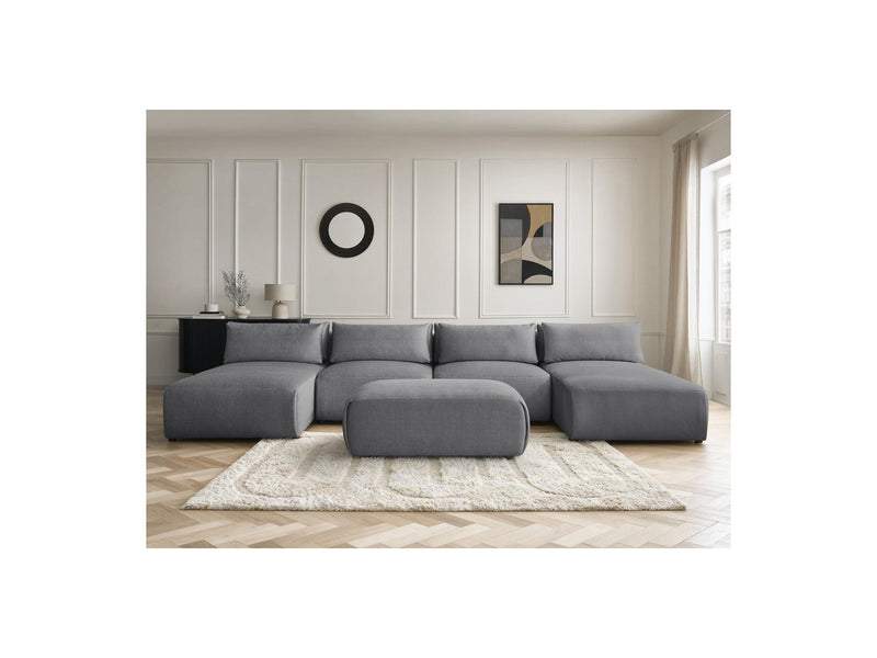 Jana - Canapé Panoramique Fixe Modulable Avec Têtières - Tissu Velours Avec 2 Méridiennes, 2 Chauffeuses Et 1 Petit Pouf