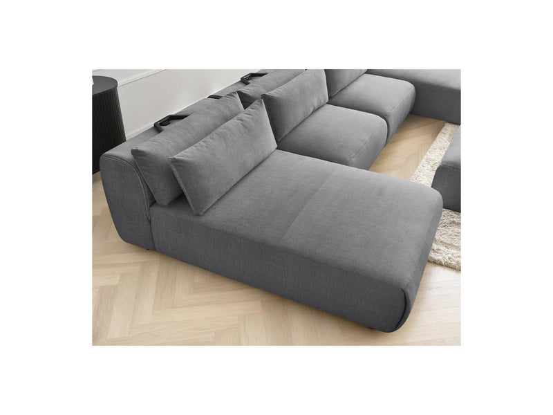 Jana - Canapé Panoramique Fixe Modulable Avec Têtières - Tissu Velours Avec 2 Méridiennes, 2 Chauffeuses Et 1 Petit Pouf