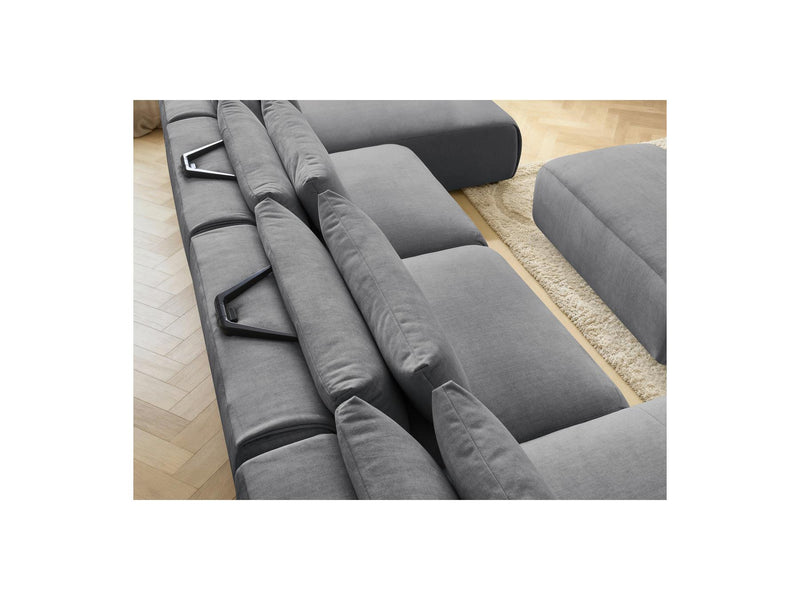 Jana - Canapé Panoramique Fixe Modulable Avec Têtières - Tissu Velours Avec 2 Méridiennes, 2 Chauffeuses Et 1 Petit Pouf