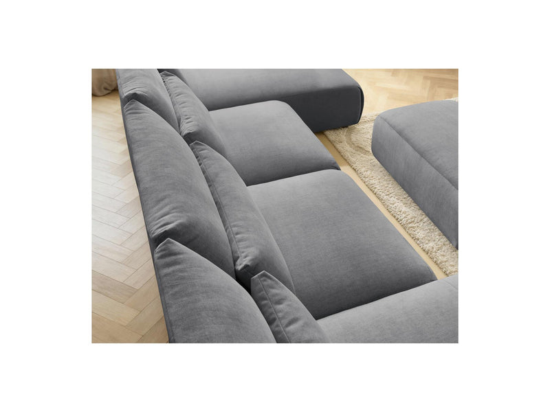 Jana - Canapé Panoramique Fixe Modulable Avec Têtières - Tissu Velours Avec 2 Méridiennes, 2 Chauffeuses Et 1 Petit Pouf