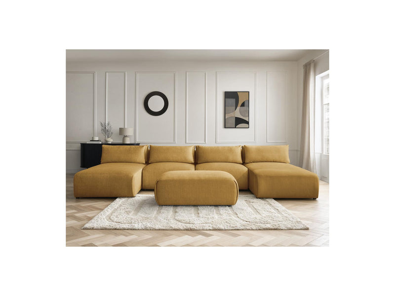 Jana - Canapé Panoramique Fixe Modulable Avec Têtières - Tissu Velours Avec 2 Méridiennes, 2 Chauffeuses Et 1 Petit Pouf