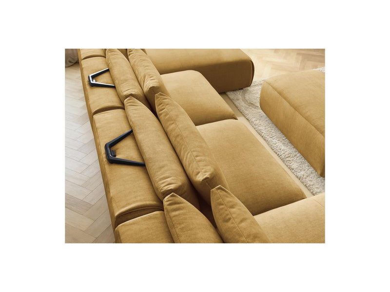 Jana - Canapé Panoramique Fixe Modulable Avec Têtières - Tissu Velours Avec 2 Méridiennes, 2 Chauffeuses Et 1 Petit Pouf