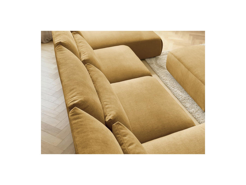 Jana - Canapé Panoramique Fixe Modulable Avec Têtières - Tissu Velours Avec 2 Méridiennes, 2 Chauffeuses Et 1 Petit Pouf