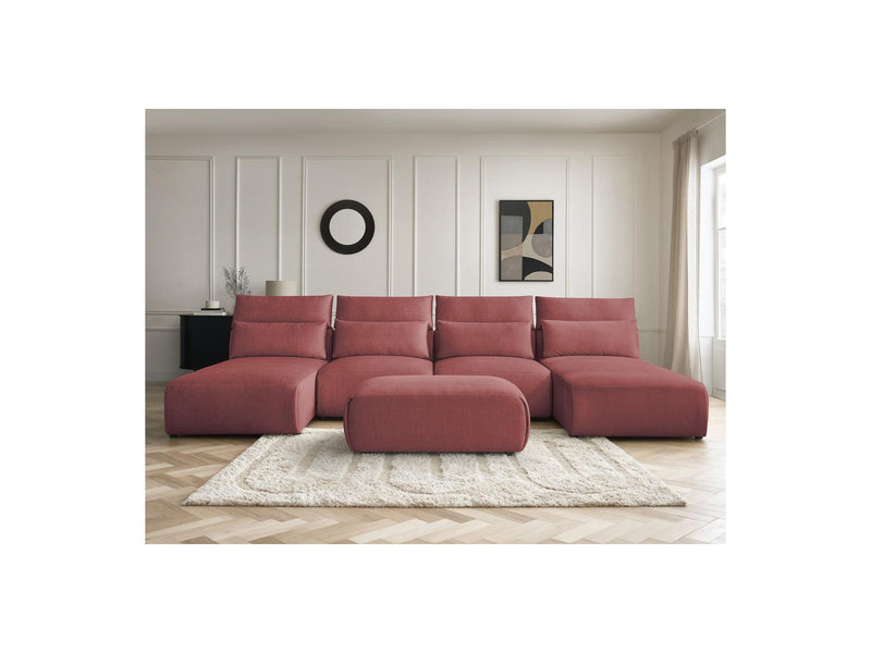Jana - Canapé Panoramique Fixe Modulable Avec Têtières - Tissu Velours Avec 2 Méridiennes, 2 Chauffeuses Et 1 Petit Pouf