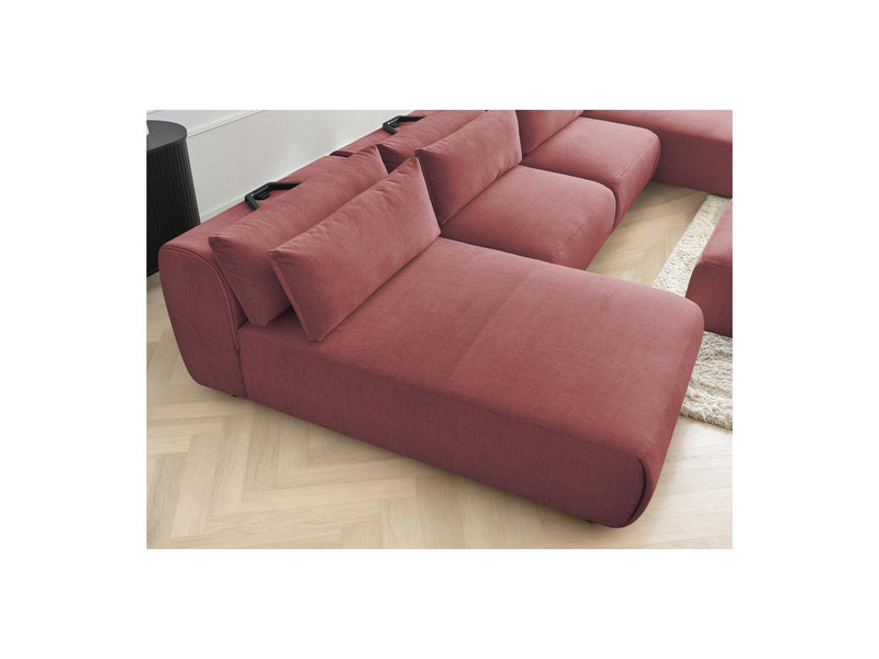 Jana - Canapé Panoramique Fixe Modulable Avec Têtières - Tissu Velours Avec 2 Méridiennes, 2 Chauffeuses Et 1 Petit Pouf