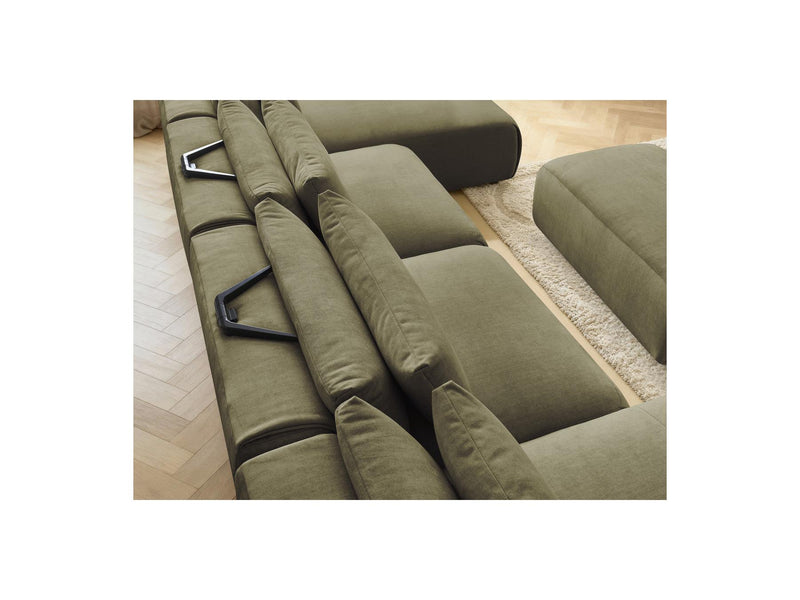 Jana - Canapé Panoramique Fixe Modulable Avec Têtières - Tissu Velours Avec 2 Méridiennes, 2 Chauffeuses Et 1 Petit Pouf