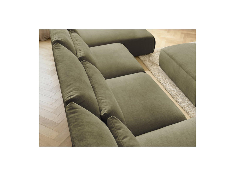 Jana - Canapé Panoramique Fixe Modulable Avec Têtières - Tissu Velours Avec 2 Méridiennes, 2 Chauffeuses Et 1 Petit Pouf