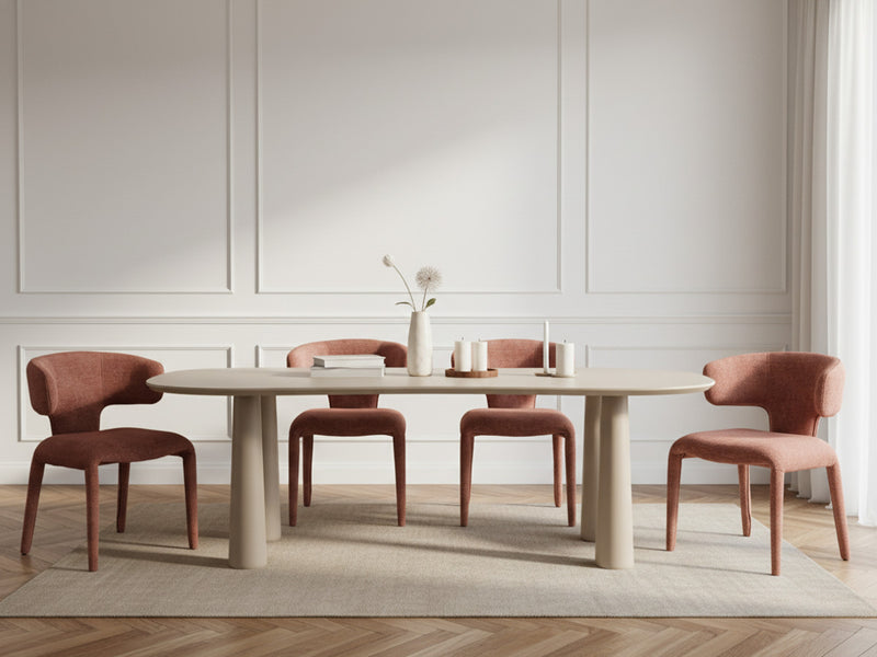Sasha - Conjunto - Con mesa de comedor ovalada beige + sillas de tela texturizada Mila - Conjunto de 4 sillas