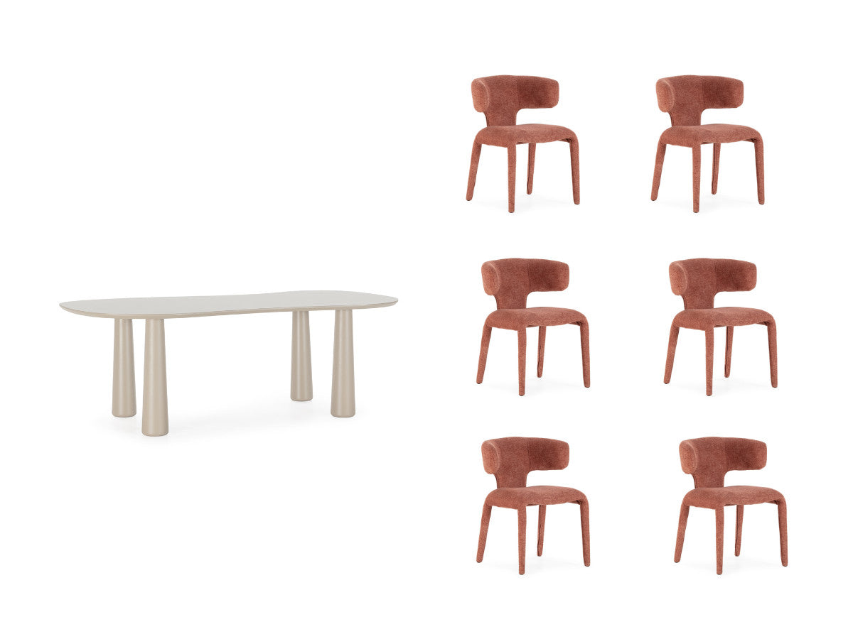 Sasha - Set - With Beige Oval Dining Table + Mila Textured Fabric Chairs - Set of 6 Chairs