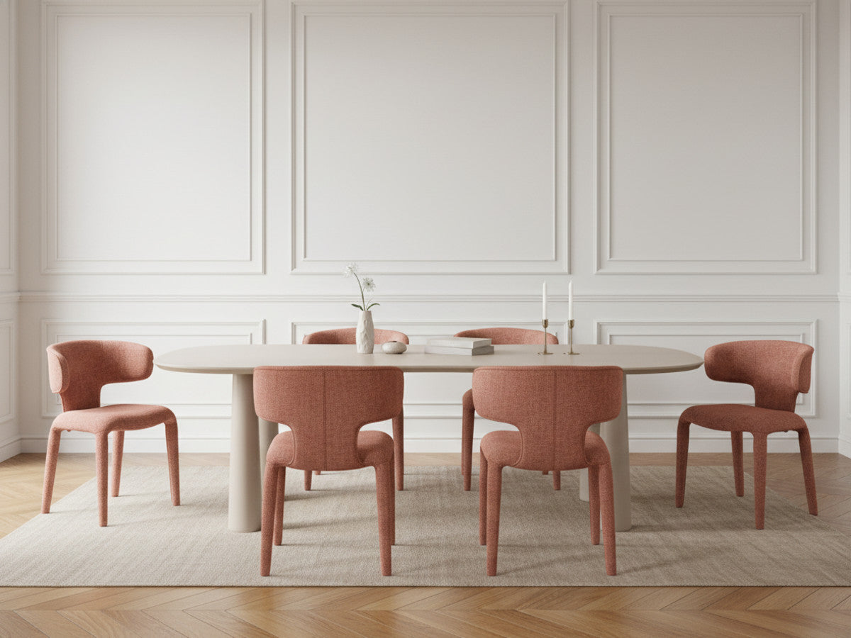 Sasha - Set - With Beige Oval Dining Table + Mila Textured Fabric Chairs - Set of 6 Chairs