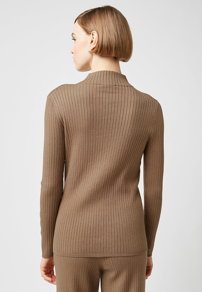 Jersey con abertura y cuello alto - Marrón Camel - Mujer