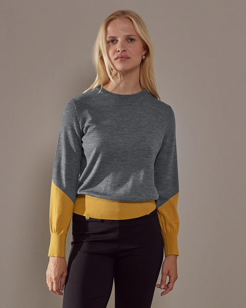 Jersey Bicolor Cuello Redondo - Gris Medio - 100% Lana - Mujer