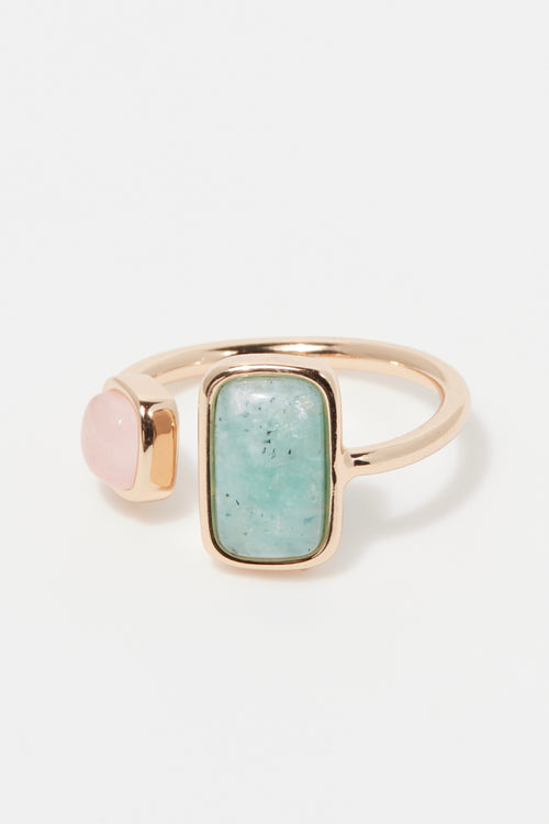 Bague Ajustable "Eva" Amazonite & Rose Quartz - Laiton Doré