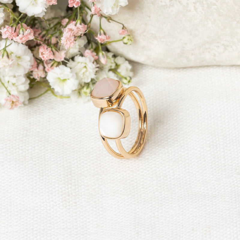 Bague Amaïa Quartz Rose & Nacre - Laiton Doré