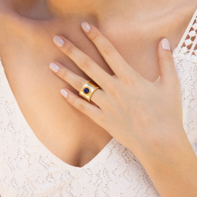 Adjustable Ring Lapis - Laiton Doré