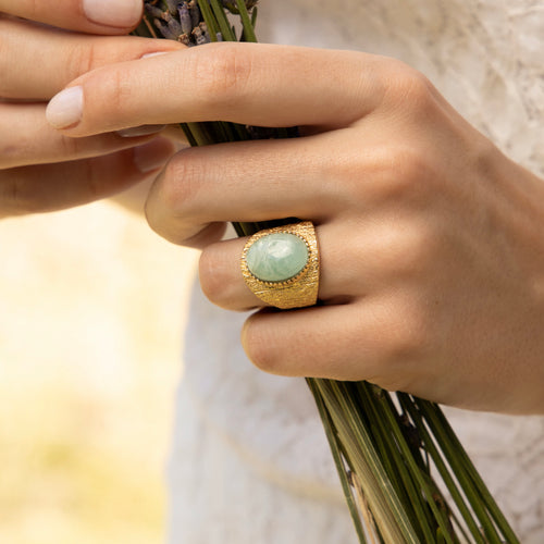 Green Amazonite Adjustable Ring - Gold Brass