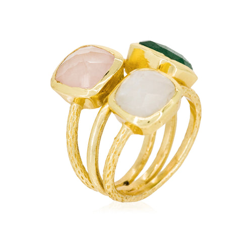 Anillo "Elsa" Aventurina verde Cuarzo rosa y piedra de luna - Latón dorado