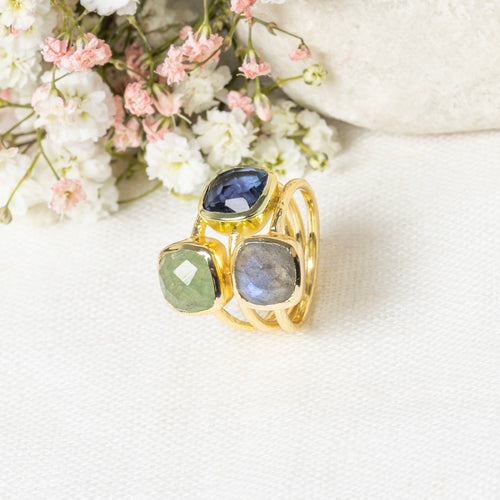 Bague "Elsa" Labradorite Aventurine Iolite - Laiton Doré