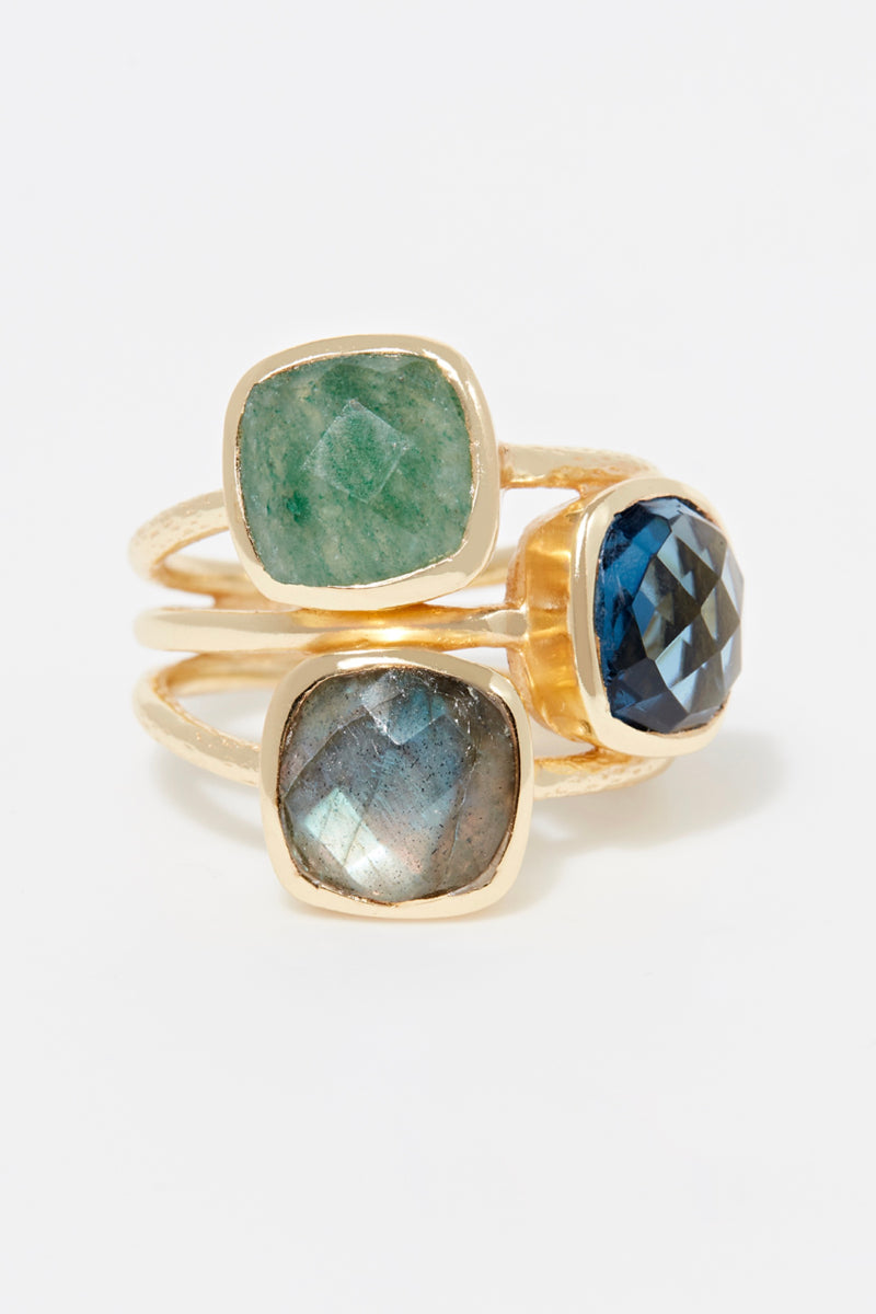 Elsa" Ring Labradorite Aventurine Iolite - Gold Brass