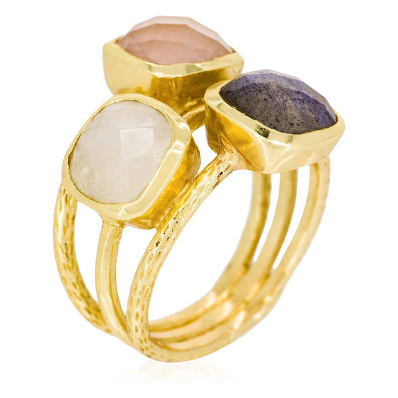 Ring "Elsa" Rose Quartz Moonstone & Labradorite - Gold Brass